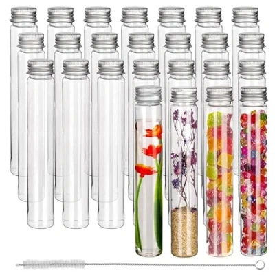 Abbildung von Kurtzy 25er Pack Reagenzgläser Kunststoff mit Schraubverschluss und Reinigungsbürste Set Reagenzglas klein 110 ml Laborröhrchen &amp; transparent
