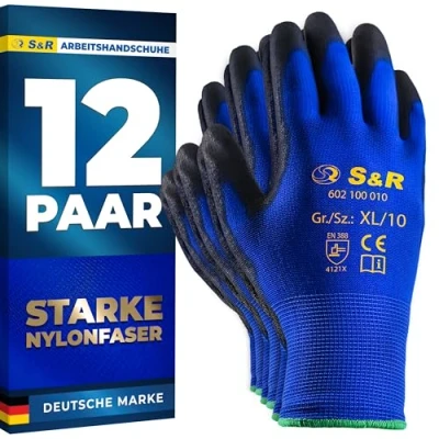 Abbildung von S&amp;R Arbeitshandschuhe aus Polyester und Nylonfaser Abriebfeste Schutzhandschuhe mit Polyurethanbeschichtung für Fein Montage, Lager, Bau Handwerk Heimwerker