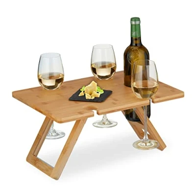 Abbildung von Relaxdays Picknick Weintisch, klappbar, HBT: 20x40x30 cm, Halterung 4 Weingläser &amp; 1 Flasche, Bambus Weintablett, Natur