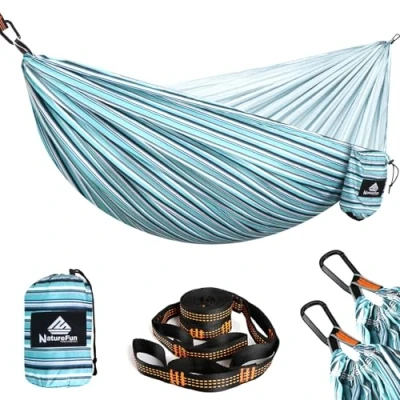 Abbildung von NATUREFUN Ultraleichte Reise Camping Hängematte 300 kg Tragkraft (275 x140 cm),Atmungsaktiv,Schnelltrocknendes Hängematten 2 x Premium Karabiner,2 Schlingen Inbegriffen Draußen Drinnen Garten