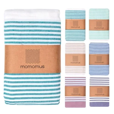 Abbildung von MOMOMUS Fouta XXL oder Dünne Picknickdecke Groß für Strand Mit Fransen, Gestreift, ohne Sand Stranddecke XXL, Strandmatte Sandfrei und Picnic Blanket Meergrün, 210x240 cm