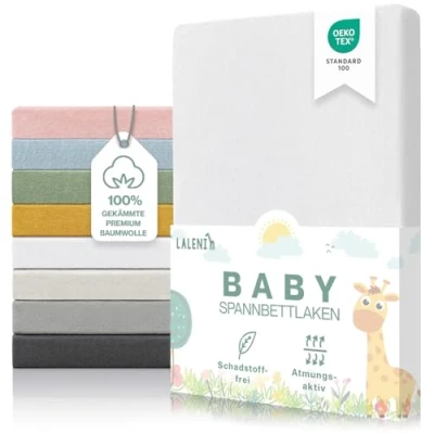 Abbildung von Laleni Premium Spannbettlaken 60/70 x 120/140 cm Babybett Oeko TEX zertifiziertes Bettlaken 70x140 Kinderbett Kinderbettwäsche aus 100% Baumwolle 60x120 Baby in Weiß