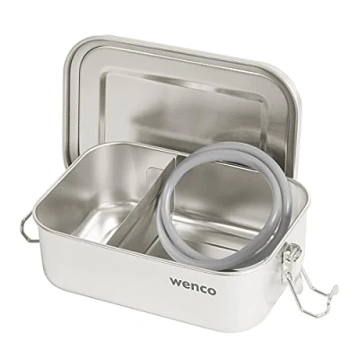 Abbildung von wenco Lunchbox aus Edelstahl, mit 2 Fächern, Brotdose klein 650 ml Fassungsvermögen, Wasserdicht, Spülmaschinengeeignet, inkl. Ersatz Silikonring, 15 x 11,3 5 cm, Silber