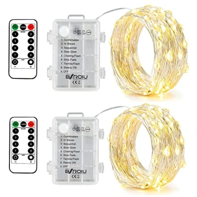 Abbildung von BXROIU 2 x50Leds Silbernedraht Micro LED Lichterkette Batteriebetrieb 8 Programm (Warm weiß), Stück (1er Pack)