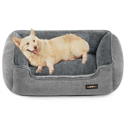 Abbildung von Feandrea Hundebett, Hundekissen in Leinenoptik, Hundekorb, erhöhte Ränder, rutschfeste Unterseite, Bezug abnehmbar waschbar, L, für mittelgroße Hunde, 90 x 75 25 cm, hellgrau PGW11GG