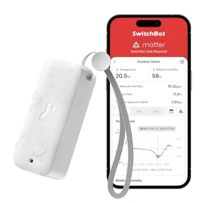 Abbildung von SwitchBot IP65 Hygrometer Thermometer Innen Außen, 120m Bluetooth Reichweite, Taupunkt/VPD/Absolute Feuchtigkeitssensor, Temperatursensor, Kostenloser Datenspeicherung, 2 Jahre Batterielebensdauer