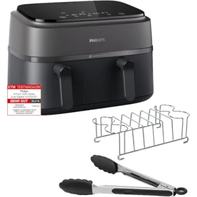 Abbildung von Philips Dual Basket Airfryer 3000 Serie mit Frühstücksset, 9L, 2 Schubladen, Synch Funktion, Rapid Air Technologie, Vielseitige Große Heißluftfriteuse für die Familie