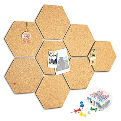 Abbildung von Pinnwand Kork 8 Stück, HENMI Korktafel Korkwand DIY, Sechseckige Korkplatte mit 50 Stück Pushpins, Selbstklebende für Foto Hängen, Notizen, Heimdekoration und Büro Memorandum