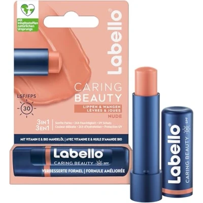 Abbildung von Labello Caring Beauty Nude Lippenpflegestift mit Farbe und Sonnenschutz, farbige Lippenpflege LSF 30, Vitamin E &amp; Bio Mandelöl, Lippenbalsam für Lippen Wangen (4,8 g)