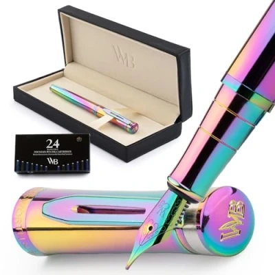 Abbildung von Wordsworth &amp; Black Füllfederhalter Set, mittlere 18 Karat Goldfeder, inklusive 24 Tintenpatronen, Kolbenkonverter und Geschenkbox, goldfarben, Kalligraphie, Regenbogen