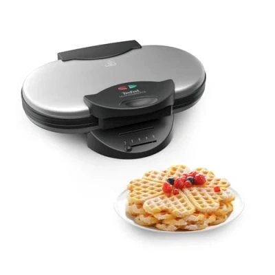 Abbildung von Tefal Doppel Herzwaffeleisen WM311D Stufenloser Temperaturregler für Bräunung nach Wunsch Antihaftbeschichtete Platten Teigauffang Vorrichtung 1200W ‎ 37 x 11.4 28.5 cm