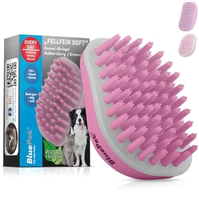 Abbildung von BluePet FellFein Badebürste Gummistriegel Für Kurzhaar Hunde &amp; Katzen mit Massageeffekt Entfernt loses Deckhaar, Staub Schmutz Idealer Badestriegel Zum Einmassieren von Hundeshampoo (Weich Rosa)