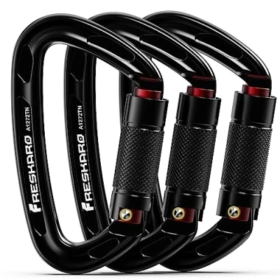 Abbildung von FresKaro Kletter Karabiner, Schraubkarabiner mit Große öffnung, Karabinerhaken Klettern, Carabiner Schwarz Matt, Schraubverschluss Groß, für Hängematte, Feuerwehr, Extra Stark 2550kg, 3 Stücke