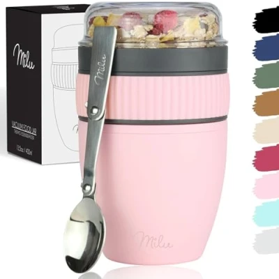 Abbildung von Milu Müslibecher to go 400ml MüsliMax Plastik Joghurtbecher für Müsli I auslaufsicherer Becher mit Löffel Yoghurt/Porridge (Rosa)