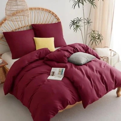 Abbildung von WAVVE Bettwäsche 135x200 4teilig Rot Weinrot Bettbezüge 135 x 200 2er Set mit Kissenbezüge 80x80 cm, Sets 135x200cm aus Mikrofaser Reißverschluss Weich, Burgund
