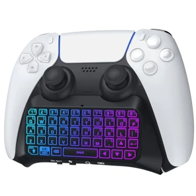 Abbildung von TiMOVO Mehrfarbig RGB Hintergrundbeleuchtung Tastatur für PS5 Controller, Drahtlos Bluetooth Playstation 5 Mini Game Keyboard mit Lautsprecher Audio Buchse, Schwarz