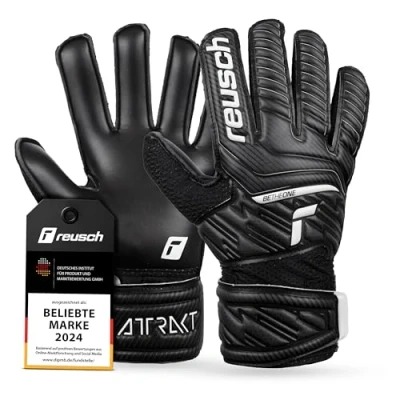 Abbildung von Reusch Attrakt Solid Junior griffige Torwarthandschuhe Kinder Jugendliche Fußballhandschuhe geeignet für alle Wetterbedingungen und Spielfeldoberflächen, schwarz, 7
