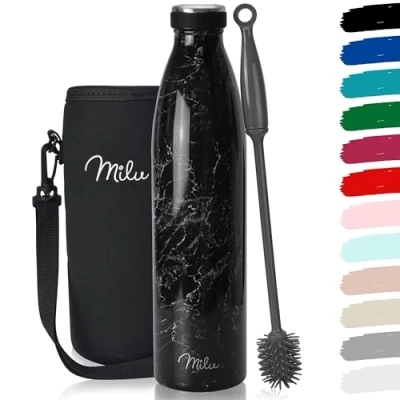 Abbildung von Milu Edelstahl Trinkflasche 350ml 500ml 750ml 1L, 1,5L Thermosflasche, Isolierte Wasserflasche, Auslaufsichere Isolierflasche doppelwandig Kohlensäure geeignet inkl. Reinigungsbürste (Granit, 750ml)