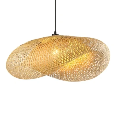 Abbildung von Schindora KreativitäT HäNgelampe Esstisch, Handgewebter Hut Bambus Pendelleuchte Holz, Retro Lampenschirm Boho, 100 Cm Vintage, FüR KüChe, Esszimmer, Wohnzimmer, Restaurant, Helles Stroh