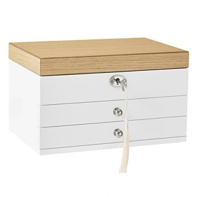 Abbildung von SONGMICS Schmuckkästchen 3 Ebenen, Schmuckkasten, Schmuckschatulle, großer Spiegel, 2 Schubladen, abschließbar, Geschenkidee, für Ringe, Ohrringe, Armbänder, Weihnachten, weiß holzfarben JOW15WN