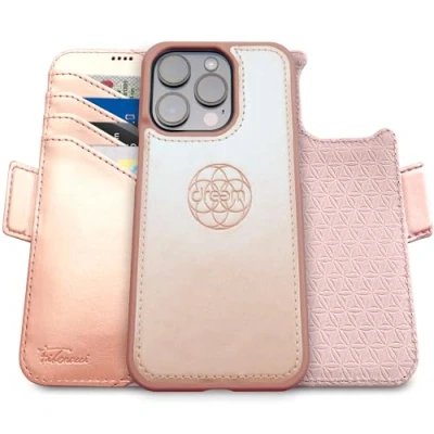 Abbildung von Dreem Fibonacci kompatibel mit iPhone 16 Pro Max Brieftaschen Etui / 2 in 1 stoßfestes und abnehmbares Folio aus veganem Leder, MagSafe, RFID Schutz [Rosa]