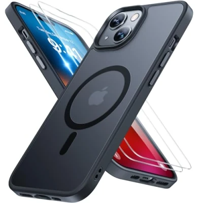 Abbildung von Miracase Magnetisch für iPhone 15 Hülle Kompatibel Mit MagSafe[mit 2 Schutzglas] Militärnorm Schutz Anti Fingerabdruck Schlanke Ausführung Handyhülle 6,1 Zoll, Schwarz