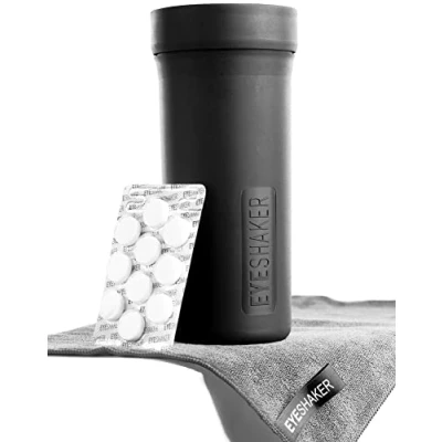 Abbildung von EYESHAKER Set Patentiertes Brillenreinigungsgerät im Komplettpaket mit EYE SHAKER, Spezialreiniger und Mikrofaser Brillenputztuch Innovative Brillenreinigung wie vom Optiker für Gläser Gestell
