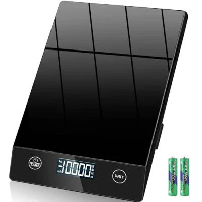 Abbildung von Küchenwaage Digital,Küchenwaage Geneigtes Display,Waage 10KG,Hochpräzise 1g Digitale mit Tara Funktion,Schwarz Glas Lebensmittelwaage Wasserdicht,Touchscreen inkl. Batterien