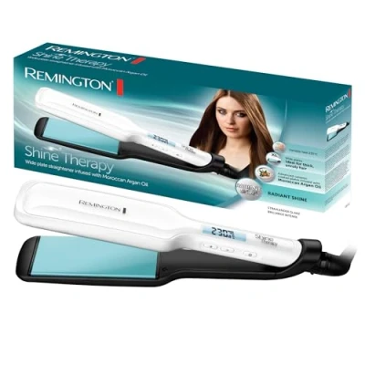 Abbildung von Remington Glätteisen breit Shine Therapy (hochwertige Keramikbeschichtung angereichert mit Mikrowirkstoffe für mehr Glanz marokkanisches Arganöl &amp; Vitamin E) LCD Display, 150 230C, Haarglätter S8550