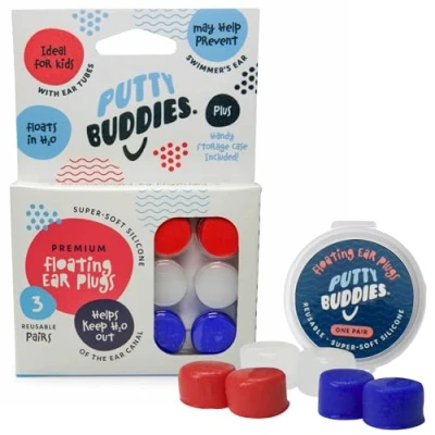 Abbildung von Putty Buddies Schwimmende Ohrstöpsel zum Schwimmen und Baden (von einem Arzt Wasserblock erfunden) (3 Paare) Einheitsgröße Blau, Weiß Rot