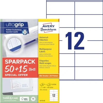 Abbildung von AVERY Zweckform 6175 65 Adressaufkleber (600 plus 180 Klebeetiketten extra, 105x48mm auf A4, Papier matt, bedruckbare Absenderetiketten, selbstklebende Adressetiketten mit ultragrip) Blatt, weiß