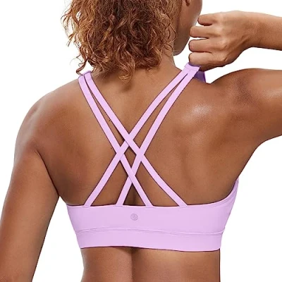 Abbildung von CRZ Yoga Damen Ohne Bügel Sport BH Gekreuzt Rücken Spaghetti Top Abnehmbare Pads Croptop Flieder M