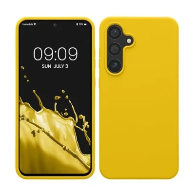 Abbildung von kwmobile Hülle kompatibel mit Samsung Galaxy S24 FE Silikon Handy Case Handyhülle weiche Oberfläche kabelloses Laden Strahlend Gelb