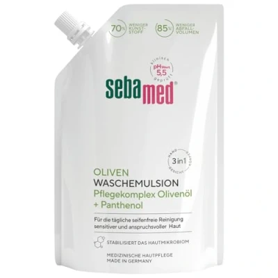 Abbildung von Sebamed Flüssig Oliven Wasch Emulsion Nachfüllbeutel, mit Olive und Panthenol, seifenfreie Reinigung für sensitive anspruchsvolle Haut, zur Hand , Gesichts Körperreinigung geeignet, 400 ml