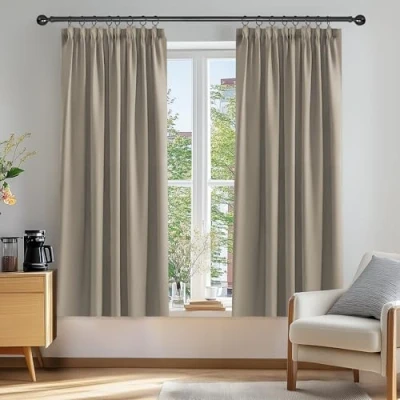 Abbildung von Deconovo Gardinen Blickdicht Kräuselband Vorhang Verdunkelung Thermo gegen Kälte Schlafzimmer, 138x117cm(HöhexBreite), Taupe, 2er Set