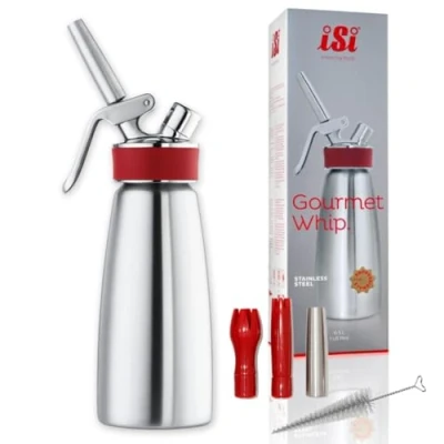 Abbildung von iSi Gourmet Whip Sahnespender 500ml, Alle Teile spülmaschinenfest, Körper aus hochwertigem Edelstahl, Betrieb mit Sahnekapseln, Für Sahne, warme und kalte Saucen, Suppen, Espumas, Desserts