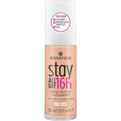 Abbildung von essence cosmetics stay ALL DAY 16h long lasting Foundation, Make Up, wischfest, wasserfest, Nr. 10 Soft Beige, nude, langanhaltend, mattierend, weichzeichnend, matt, vegan, ölfrei, wasserfest (30ml)
