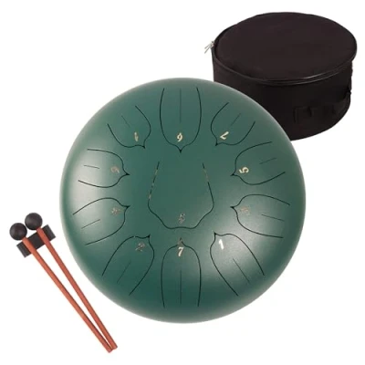 Abbildung von LOMUTY Stahlzungentrommel, 12 Zoll 30 cm Steel Tongue Drum, C Dur 11 Noten, Handtrommel HandPan Drum mit Drumsticks,Musikbuch,Tragetasche und Fingerpicks(Grün)