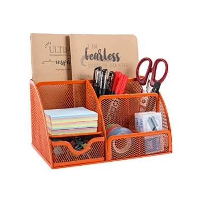 Abbildung von EasyPAG 7 Fächer Metall Schreibtisch Organizer Stiftehalter Stiftköcher Vielseitig Utensilienschalen Büro Organisation Zubehör Ablage mit Schublade,Orange