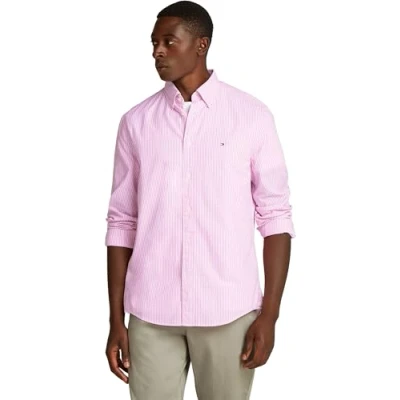 Abbildung von Tommy Hilfiger Herren Flex POPLIN STP RF MW0MW37549 L/S Shirt, White (Classic Pink/Optic White), L