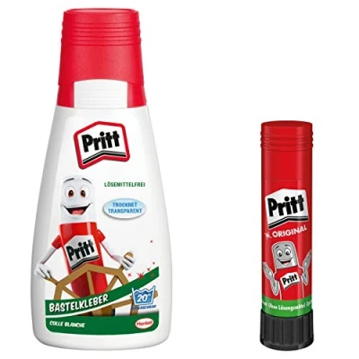 Abbildung von Pritt Bastelkleber, transparent trocknender Alleskleber für Zuhause, Schule oder Büro, weißer Bastelleim Kinder, Spar Set mit 1 Flasche à 100 g und Stick Kebestift 11 g, 9HPAKC2P1X