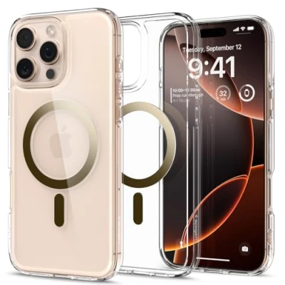 Abbildung von Spigen für iPhone 16 Pro Max Hülle [Anti Yellowing] Ultra Hybrid MagFit Case Handyhülle Transparent Dünn Slim Kompatibel mit MagSafe Gold