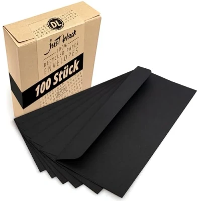 Abbildung von Japun Briefumschläge (100 Stück) aus Papier, Kuvert, Umschlag ohne Fenster DIN lang 220 x 110 mm schwarz