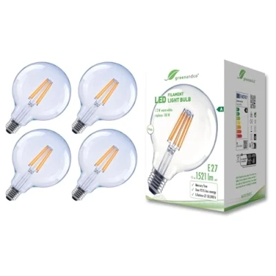 Abbildung von greenandco 4x Glühfaden LED Lampe klar E27 G125 7,2W 1521lm ersetzt 100W 3000K warmweiß 320 230V flimmerfrei Energieeffizienzklasse A nicht dimmbar