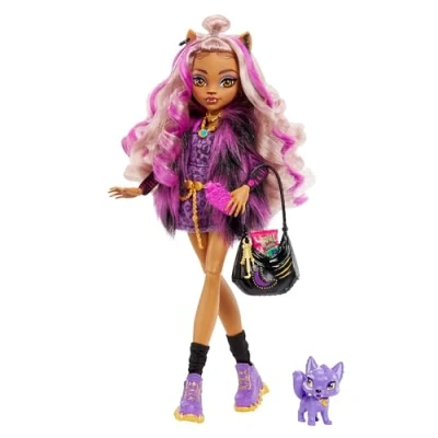 Abbildung von Monster High Clawdeen Puppe, Werwolf Modepuppe mit rosa und blondem Haar, Haustier Puppenzubehör, Spielzeug für Kinder ab 4 Jahren, HHK52
