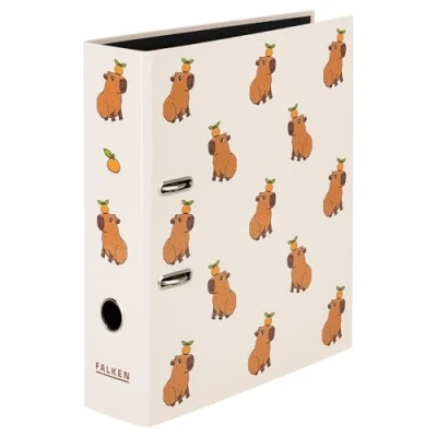 Abbildung von Original Falken Motiv Ordner Capybara. Made in Germany. 8 cm breit DIN A4 schwarzer Innenspiegel Ringordner Aktenordner Briefordner Büroordner Plastikordner Motivordner Social Media