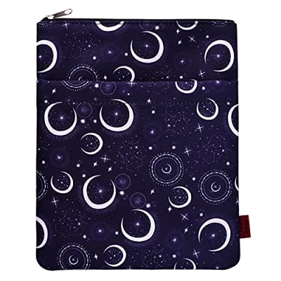 Abbildung von Buchhülle mit Mond und Sternemotiv, Buchschutz für Taschenbücher, aus waschbarem Stoff, Buchetui Reißverschluss, Größe M, 28 x 22,1 cm