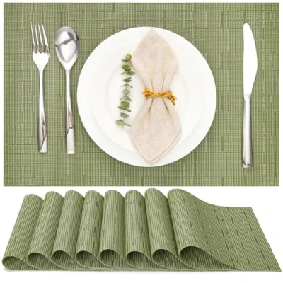 Abbildung von Myir JUN Tischsets Abwaschbar 8er Set, Gewebte Platzdeckchen rutschfest Abgrifffeste Hitzebeständig, Vinyl Platzsets für küche Speisetisch Hotel, Platz Matten 30x45cm (Grün)
