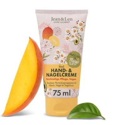 Abbildung von Jean &amp; Len Hand Nagelcreme Mango Avocado, vegane Pflegeformel mit Shea und Kakaobutter, reichhaltige Pflege, fruchtiger Duft, Handpflege, ohne Parabene Silikone, 75 ml