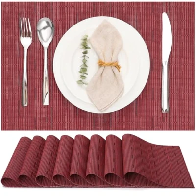 Abbildung von Myir JUN Tischsets Abwaschbar 8er Set, Gewebte Platzdeckchen rutschfest Abgrifffeste Hitzebeständig, Vinyl Platzsets für küche Speisetisch Hotel, Platz Matten 30x45cm (Rot)